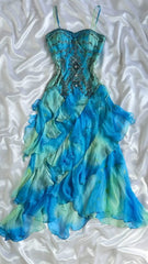 Retro Gradient Blue Suspender Chiffon Ruffle Beaded Prom Dress Evening Gown HZ1024