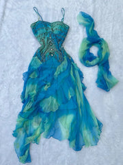 Retro Gradient Blue Suspender Chiffon Ruffle Beaded Prom Dress Evening Gown HZ1024