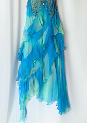 Retro Gradient Blue Suspender Chiffon Ruffle Beaded Prom Dress Evening Gown HZ1024