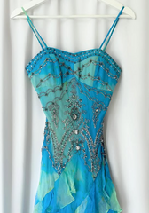 Retro Gradient Blue Suspender Chiffon Ruffle Beaded Prom Dress Evening Gown HZ1024