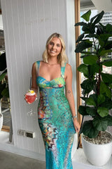 Chic Mermaid Print Sleeveless Long Prom Dress Evening Dress HZ1024