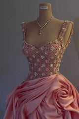 Sweet Pink Strap Beaded Satin A-Line Formal Prom Dress Evening Gown HZ1024