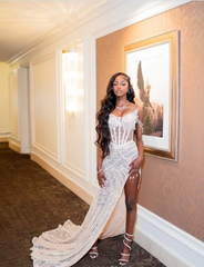 Sexy White Off Shoulder High Slit Sequined Trailing Prom Dress Evening Dress HZ1024