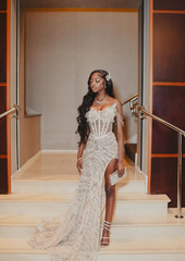 Sexy White Off Shoulder High Slit Sequined Trailing Prom Dress Evening Dress HZ1024