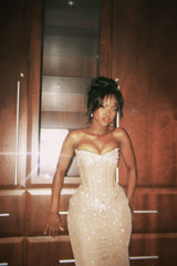 Vintage Ivory Shiny Mermaid Sleeveless Strapless Long Prom Dress Evening Dress HZ1024