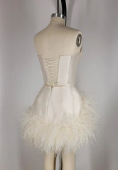 Elegant White Satin Off Shoulder Feather A-Line Mini Party Dress Homecoming Dress HZ1024
