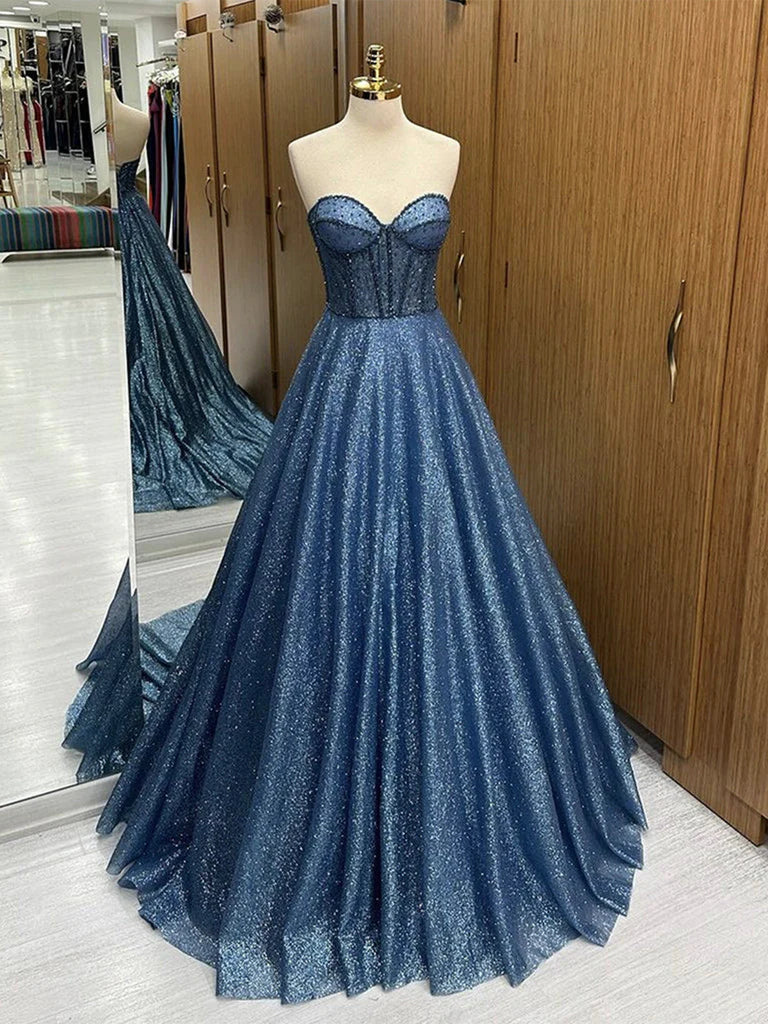 Elegant Navy A-Line Strapless Sweetheart Neck Long Formal Prom Dress Evening Gown HZ1024