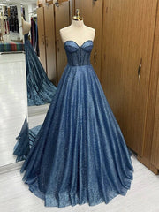 Elegant Navy A-Line Strapless Sweetheart Neck Long Formal Prom Dress Evening Gown HZ1024