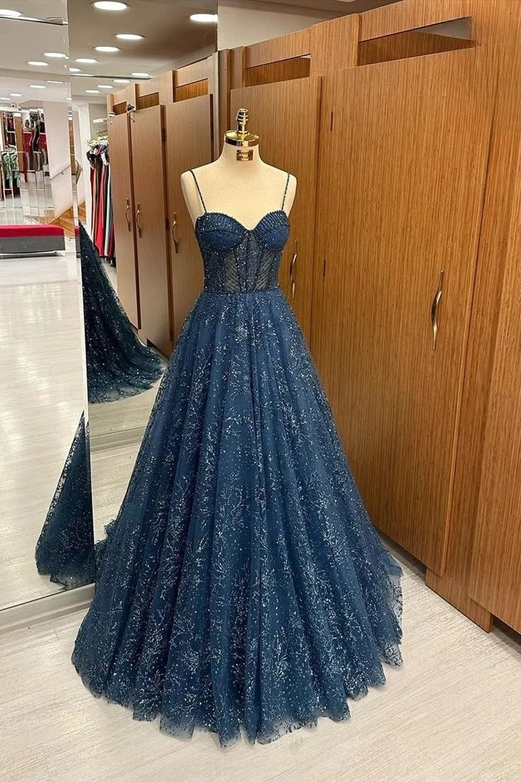 Elegant Navy A-Line Strap Sleeveless Shiny Long Formal Prom Dress Evening Gown HZ1024