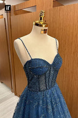 Elegant Navy A-Line Strap Sleeveless Shiny Long Formal Prom Dress Evening Gown HZ1024