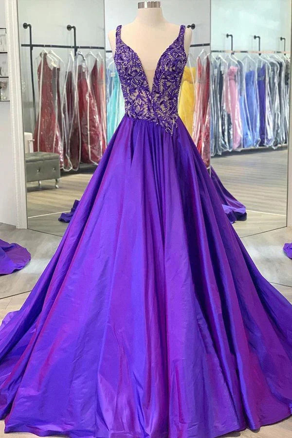 Retro Purple V Neck Sleeveless A-Line Prom Dress Evening Gown HZ1024