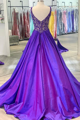 Retro Purple V Neck Sleeveless A-Line Prom Dress Evening Gown HZ1024