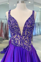 Retro Purple V Neck Sleeveless A-Line Prom Dress Evening Gown HZ1024