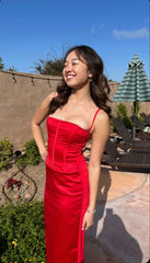 Beautiful Red Strapless Sleeveless Satin Mermaid Prom Dress Evening Dress HZ1024