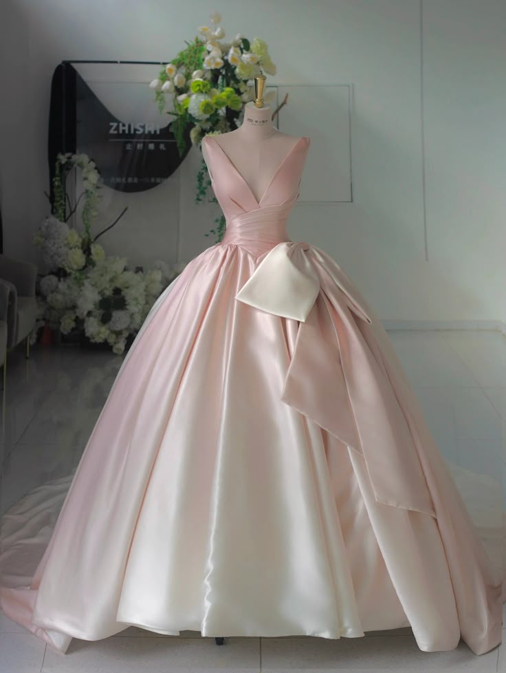 Gradient pink V-neck satin bow-tie A-line prom dress evening dress HZ1024