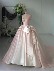 Gradient pink V-neck satin bow-tie A-line prom dress evening dress HZ1024