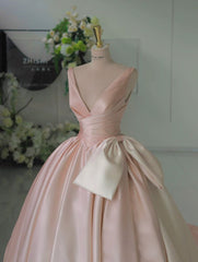 Gradient pink V-neck satin bow-tie A-line prom dress evening dress HZ1024