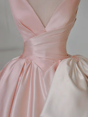 Gradient pink V-neck satin bow-tie A-line prom dress evening dress HZ1024