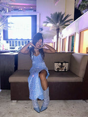 Shiny Blue V Neck Sleeveless Slit Sequined Long Prom Dress Evening Dress HZ1024