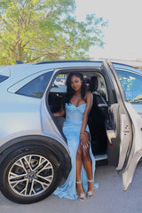 Elegant blue shoulder strap satin high slit long prom dress evening dress HZ1024