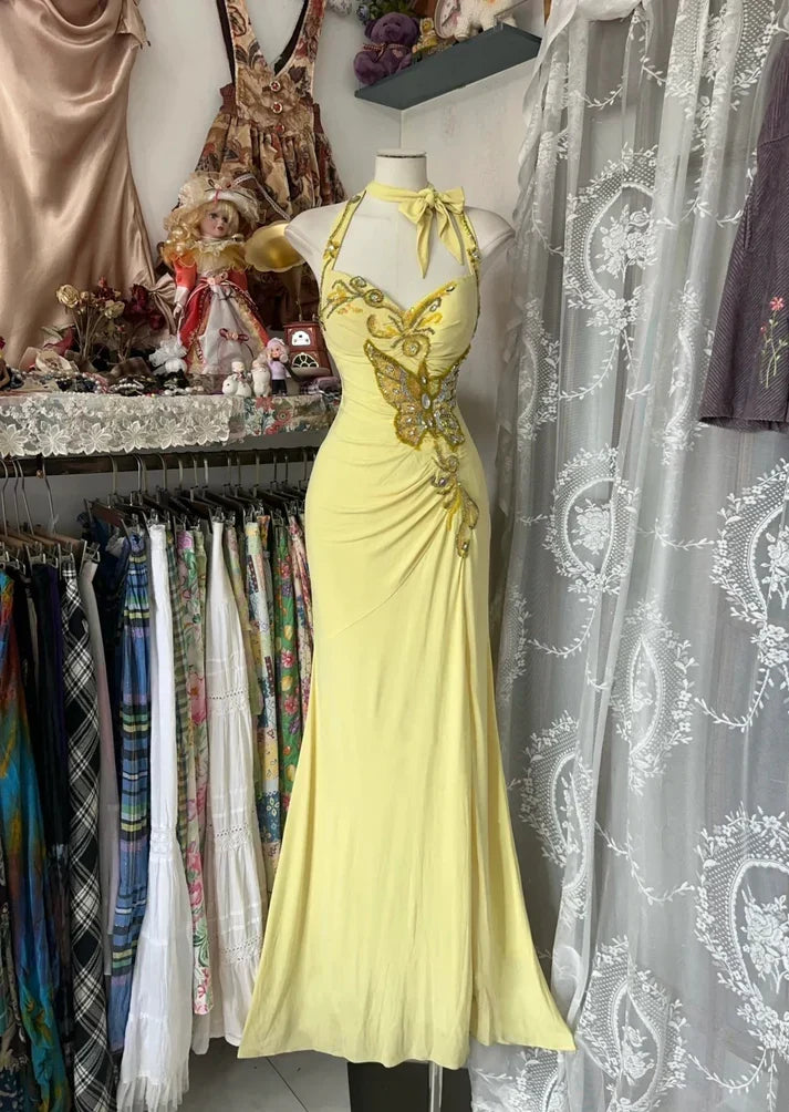 Vintage Yellow Halter Neck Sequined Backless Mermaid Prom Dress Evening Dress HZ1024