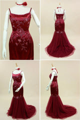 Vintage Burgundy Strap Satin Beaded Tulle Long Prom Dress Evening Dress HZ1024