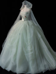 Elegant Green Strapless A-Line Tulle Long Prom Dress Evening Dress HZ1024