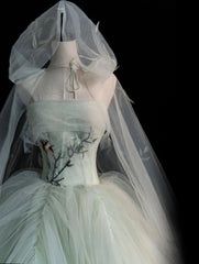 Elegant Green Strapless A-Line Tulle Long Prom Dress Evening Dress HZ1024