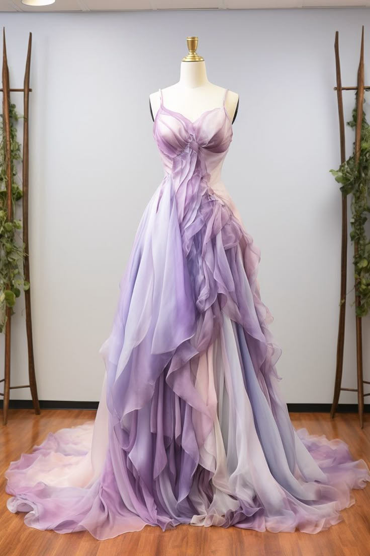 Fantasy Gradient Purple Strap Sleeveless A-line Floor-length Prom Dress Evening Gown HZ1024