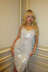 Shiny Silver Strapless V-Neck Sequin Knee-Length Prom Dress Evening Dress HZ1024