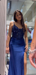 Simple navy blue sling side slit satin long mermaid prom dress evening dress HZ1024