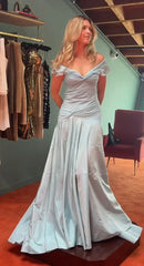 Elegant Blue Off Shoulder A-Line Long Prom Dress Evening Dress HZ1024