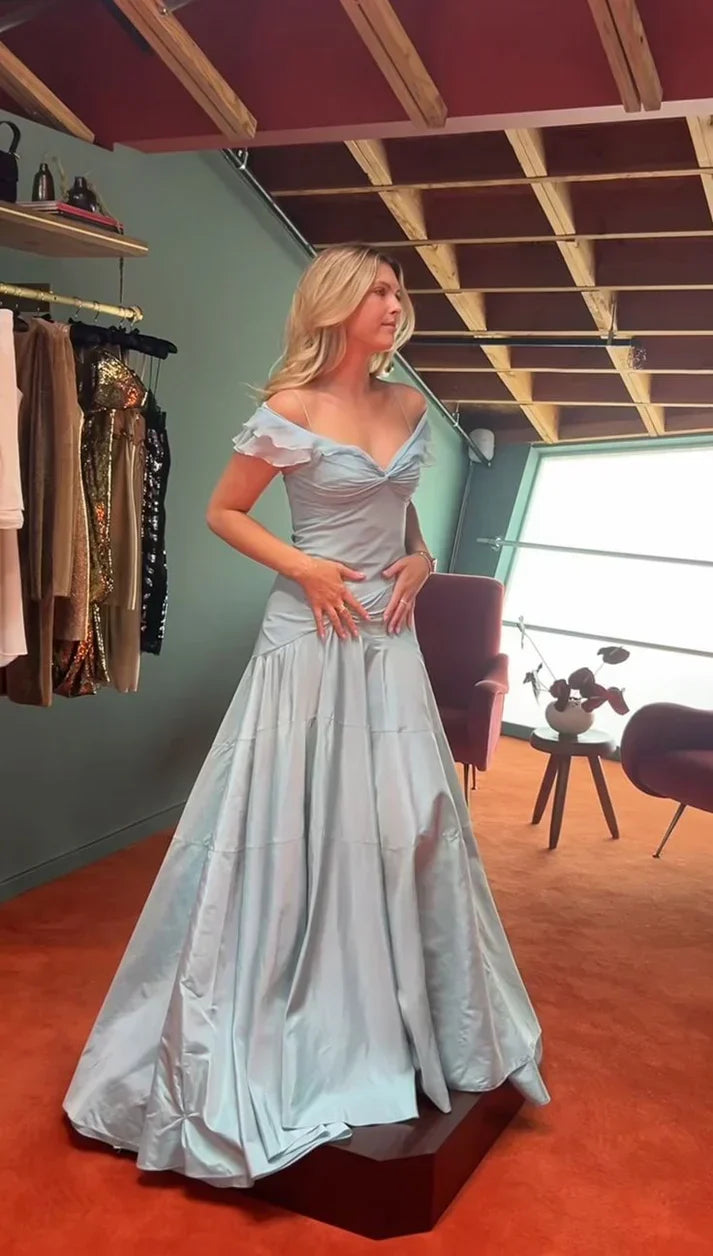 Elegant Blue Off Shoulder A-Line Long Prom Dress Evening Dress HZ1024