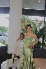 Simple Green Satin Strapless Slit Sequin Mermaid Prom Dress Evening Dress HZ1024
