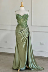 Simple Green Satin Strapless Slit Sequin Mermaid Prom Dress Evening Dress HZ1024