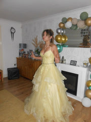 Elegant Light Yellow A-line Strapless V-neck Long Prom Dress Evening Dress HZ1024