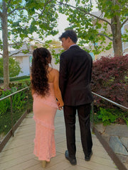 Pretty Pink Lace Strapless Mermaid Ruffle Prom Dress Evening Dress HZ1024