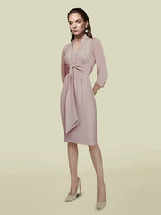 Mother of the Bride Dress Elegant V Neck Knee Length Charmeuse Length Sleeve with Sash Ribbon Pleats
