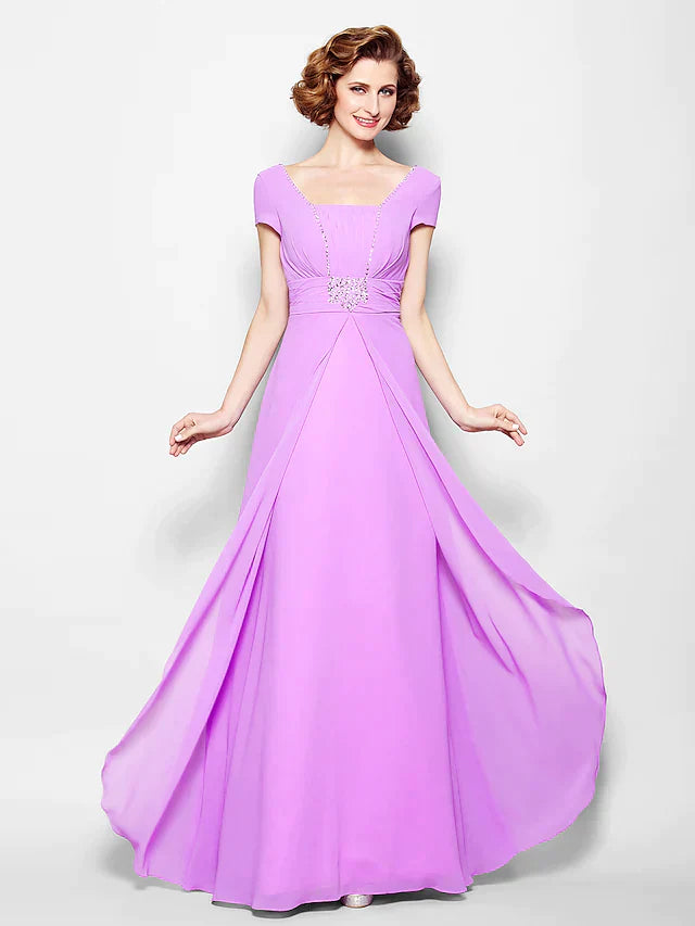 A-Line Mother of the Bride Dress Lace Up Square Neck Floor Length Georgette Short Sleeve with Ruched Beading