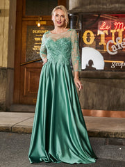 Illusion Lace Long Sleeve A-line Floor-length Gown Eucalyptus