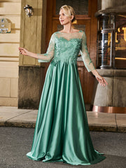 Illusion Lace Long Sleeve A-line Floor-length Gown Eucalyptus