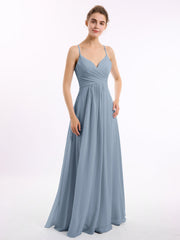 Spaghetti Strap V-neck Chiffon Dresses-Dusty Blue