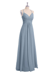Spaghetti Strap V-neck Chiffon Dresses-Dusty Blue