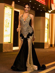 Luxurious Beaded Halter Neck Hollow Velvet Long Gown Black