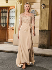 Square Neck Half Sleeve Slim Long Gown with Slit Champagne