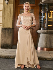 Square Neck Half Sleeve Slim Long Gown with Slit Champagne