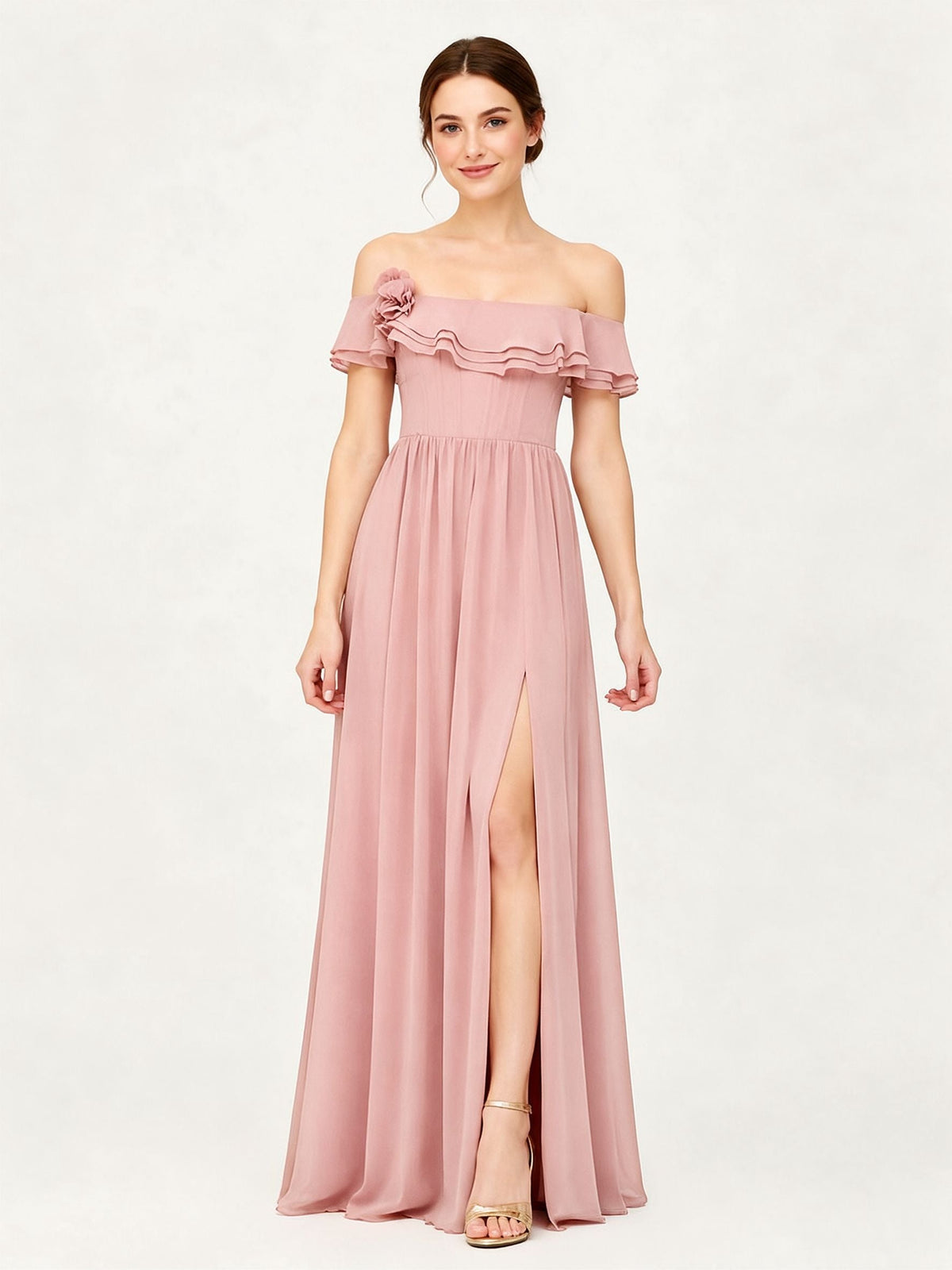 Tiered Ruffled Off-the-Shoulder A-Line Gown with Slit Dusty Rose