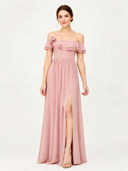 Tiered Ruffled Off-the-Shoulder A-Line Gown with Slit Dusty Rose