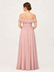 Tiered Ruffled Off-the-Shoulder A-Line Gown with Slit Dusty Rose