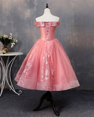 Tea Length Prom Dresses Tulle Lace Embroidery Ball Gown Off Shoulder